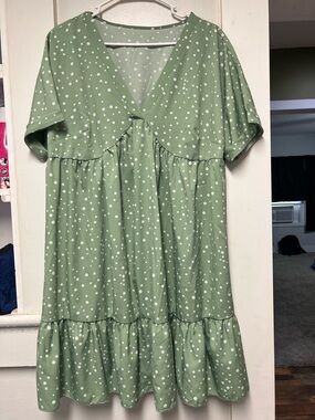 Girls' Sage Green Polka Dot V-Neck Dress